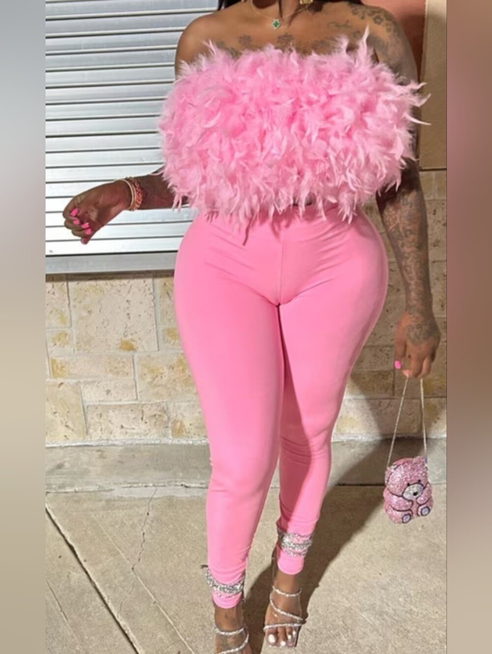 2pc Pink Leggings with Feathered Tube Top size XXL EQUALS SIZE 14-16 NWOT